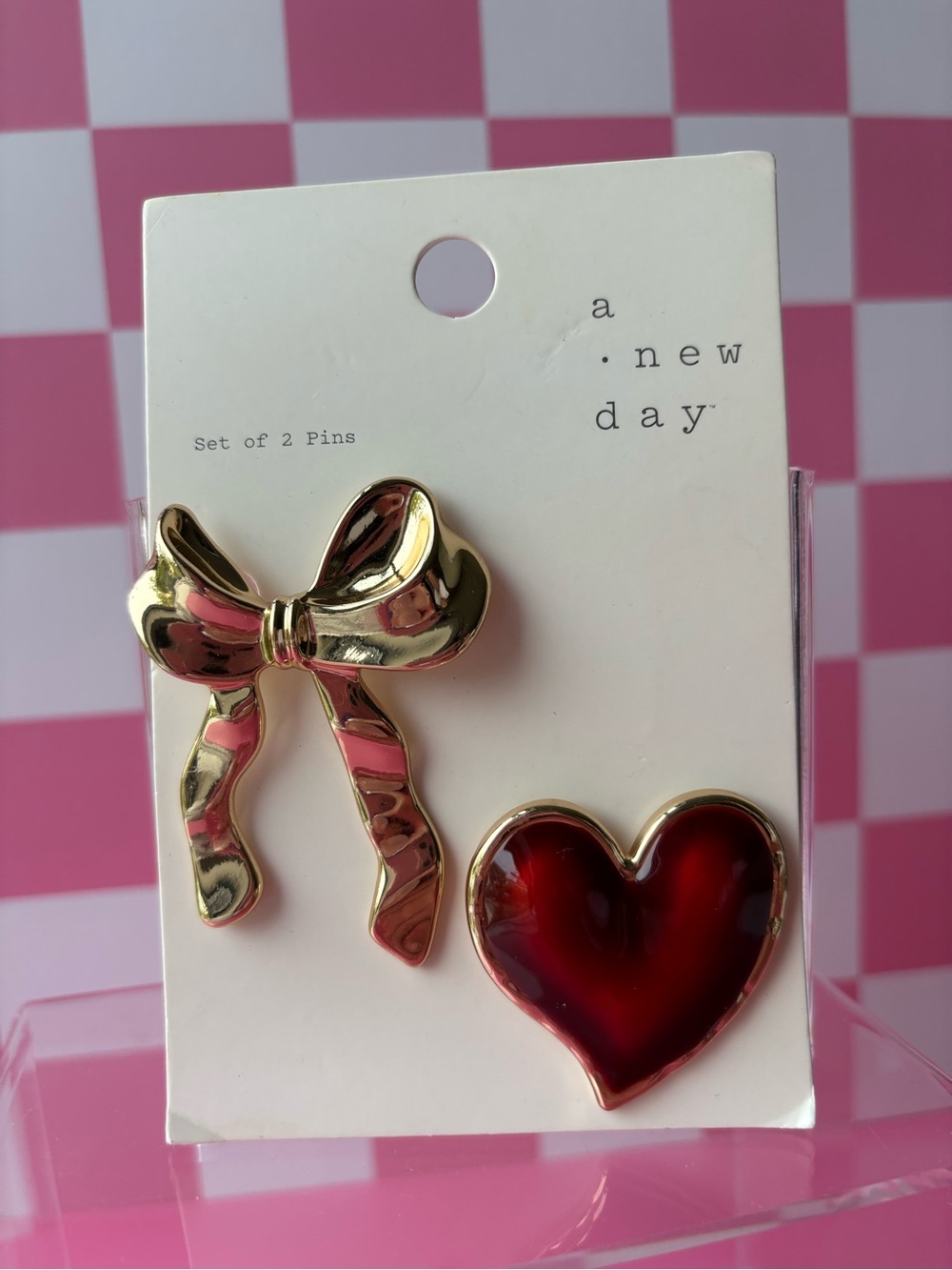 a new day Gold Bow and Red Heart Enamel Pin Set